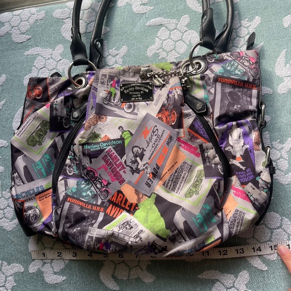 HARLEY DAVIDSON Multicolor Black Leather Top Handle Satchel Motorcycle Graphics - Picture 10 of 12